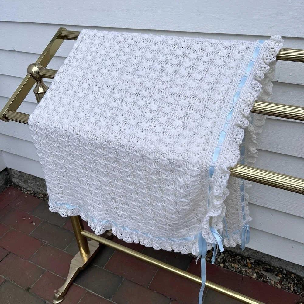 Baby Crochet White Beautiful Blanket With Blue Satin Ribbon Trim, Unused 42